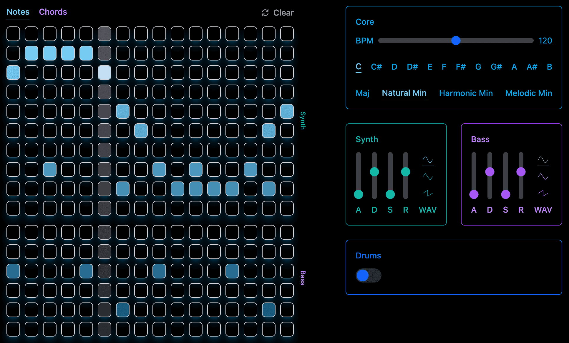 ToneBlocks mid-loop: a lit melody and bassline on the block grid, beside synth, bass, and drum controls